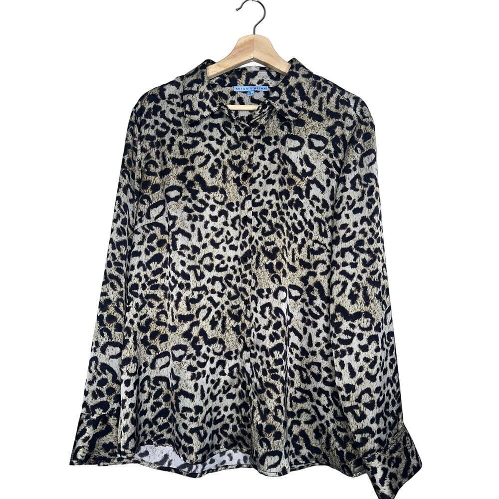 Antonio Melani Long Sleeve Animal Print Button Up Satin Blouse Size XL Neutral